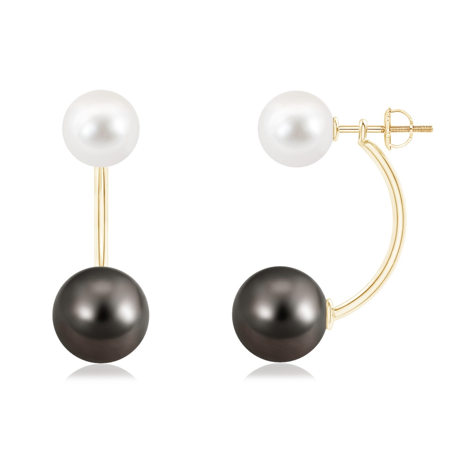 10mm AAA Tahitian & Freshwater Pearl Front Back Stud Earrings in Yellow Gold 
