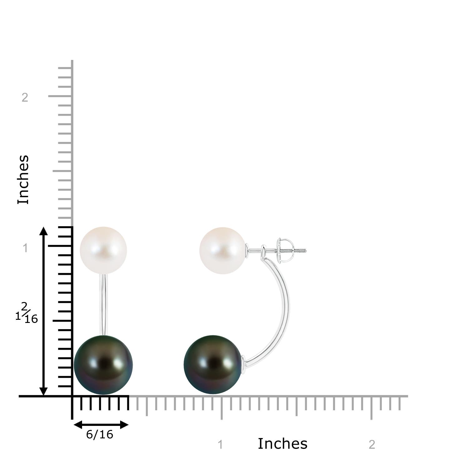 10mm AAAA Tahitian & Freshwater Pearl Front Back Stud Earrings in White Gold - ruler