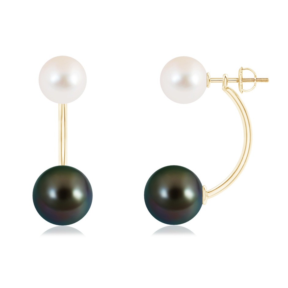 10mm AAAA Tahitian & Freshwater Pearl Front Back Stud Earrings in Yellow Gold 