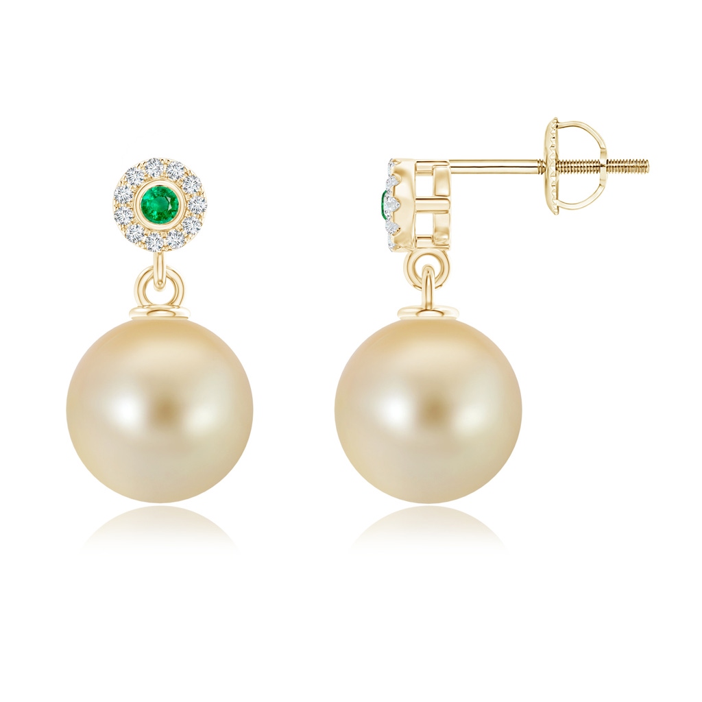 10mm AAA Golden South Sea Cultured Pearl and Emerald Drop Earrings in Yellow Gold