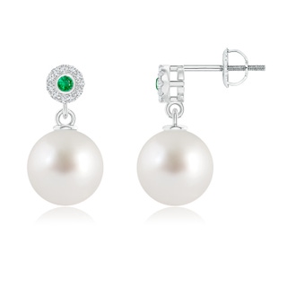 10mm AAA South Sea Cultured Pearl and Emerald Halo Drop Earrings in White Gold