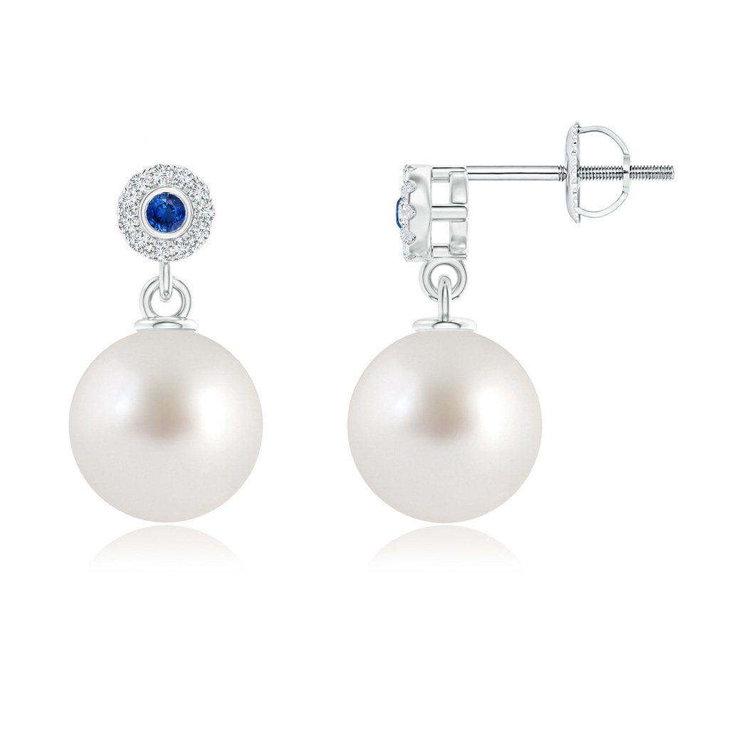 10mm AAA South Sea Pearl and Sapphire Halo Drop Earrings in White Gold