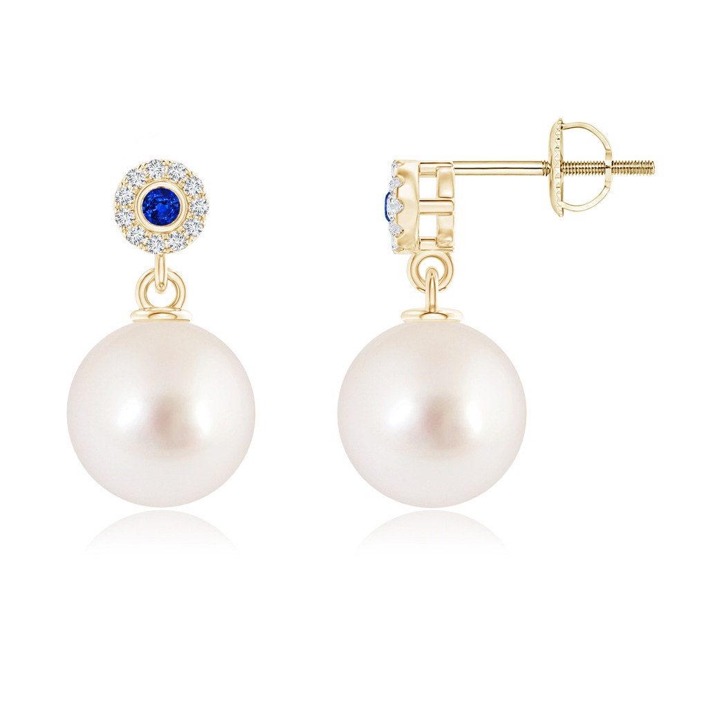 10mm AAAA South Sea Pearl and Sapphire Halo Drop Earrings in Yellow Gold
