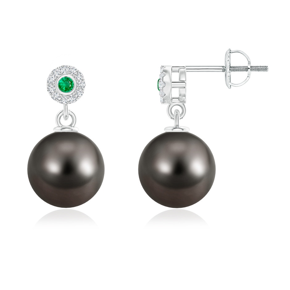 10mm AAA Tahitian Cultured Pearl and Emerald Halo Drop Earrings in White Gold 