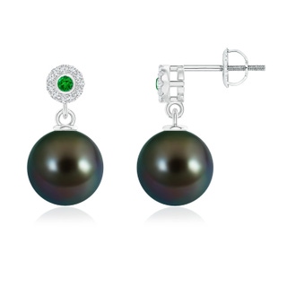 10mm AAAA Tahitian Cultured Pearl and Emerald Halo Drop Earrings in White Gold