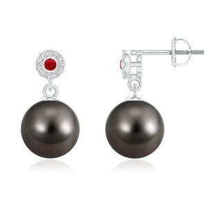 10mm AAA Tahitian Cultured Pearl and Ruby Halo Drop Earrings in White Gold