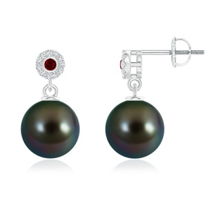 10mm AAAA Tahitian Cultured Pearl and Ruby Halo Drop Earrings in White Gold