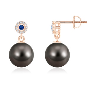 10mm AAA Tahitian Pearl and Sapphire Halo Drop Earrings in 9K Rose Gold