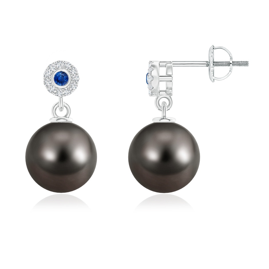 10mm AAA Tahitian Pearl and Sapphire Halo Drop Earrings in White Gold 