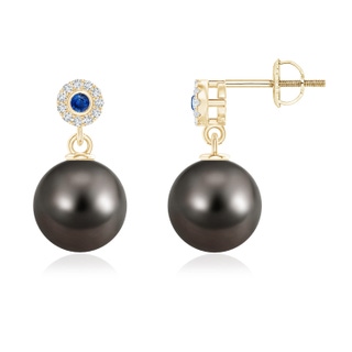 10mm AAA Tahitian Pearl and Sapphire Halo Drop Earrings in Yellow Gold