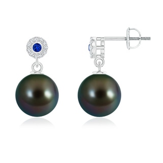 10mm AAAA Tahitian Pearl and Sapphire Halo Drop Earrings in White Gold