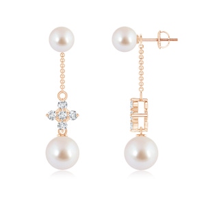 8mm AAA Akoya Cultured Pearl Double Drop Earrings with Diamonds in Rose Gold