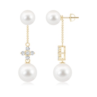 10mm AAA Freshwater Cultured Pearl Double Drop Earrings with Diamonds in Yellow Gold