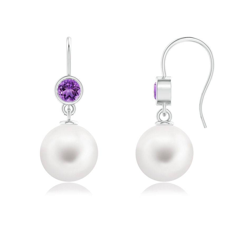 10mm AA Freshwater Pearl Earrings with Bezel Amethyst in White Gold 