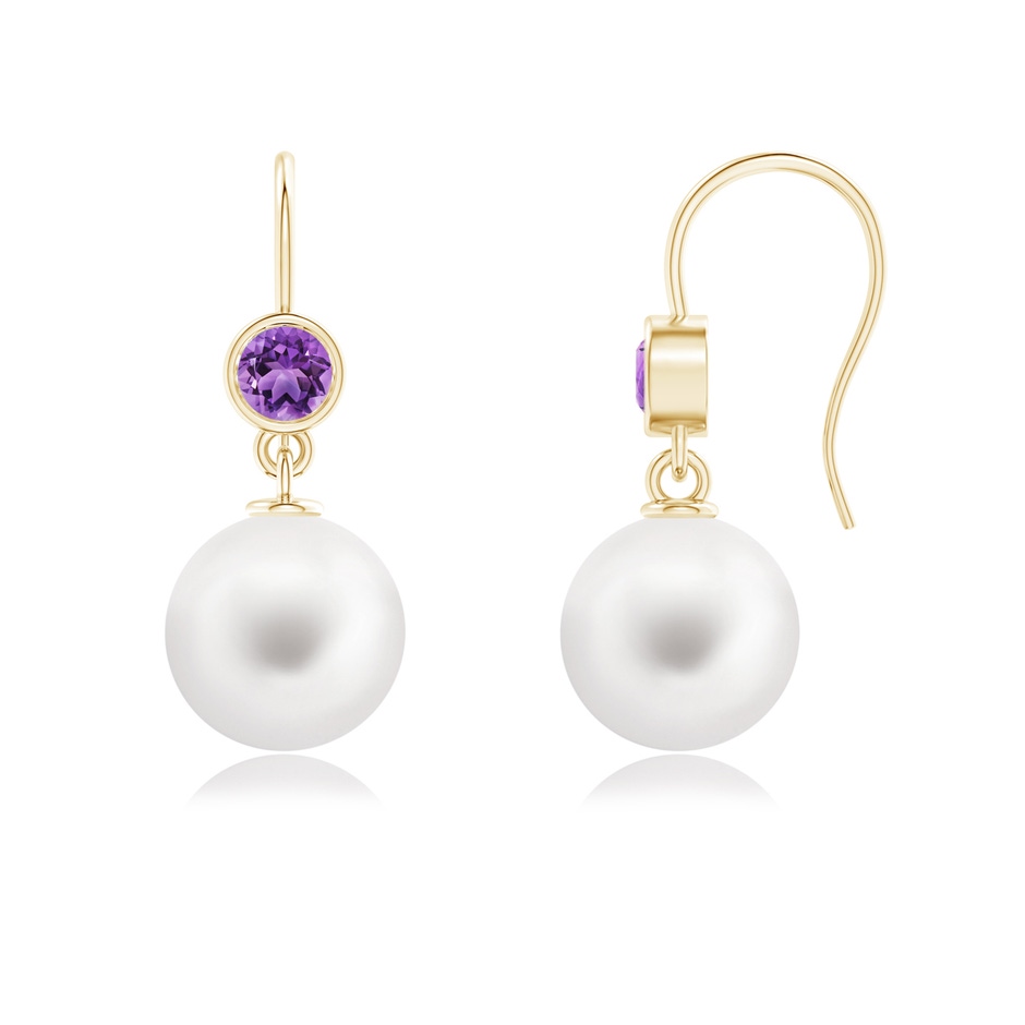 10mm AA Freshwater Pearl Earrings with Bezel Amethyst in Yellow Gold 