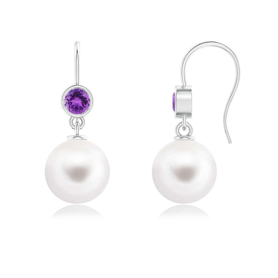 10mm AAA Freshwater Pearl Earrings with Bezel Amethyst in White Gold 