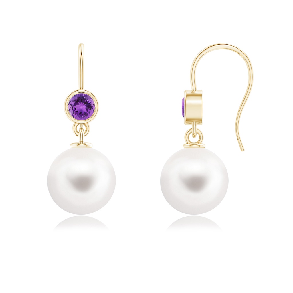 10mm AAA Freshwater Pearl Earrings with Bezel Amethyst in Yellow Gold