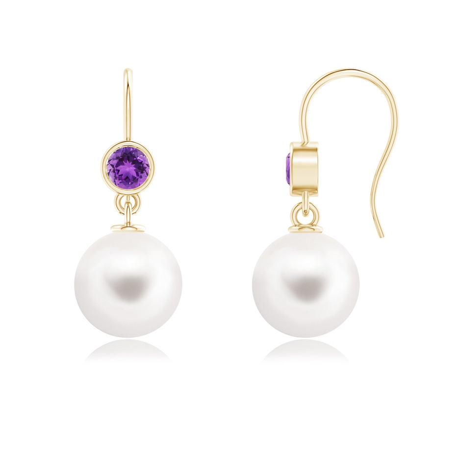 10mm AAA Freshwater Pearl Earrings with Bezel Amethyst in Yellow Gold 