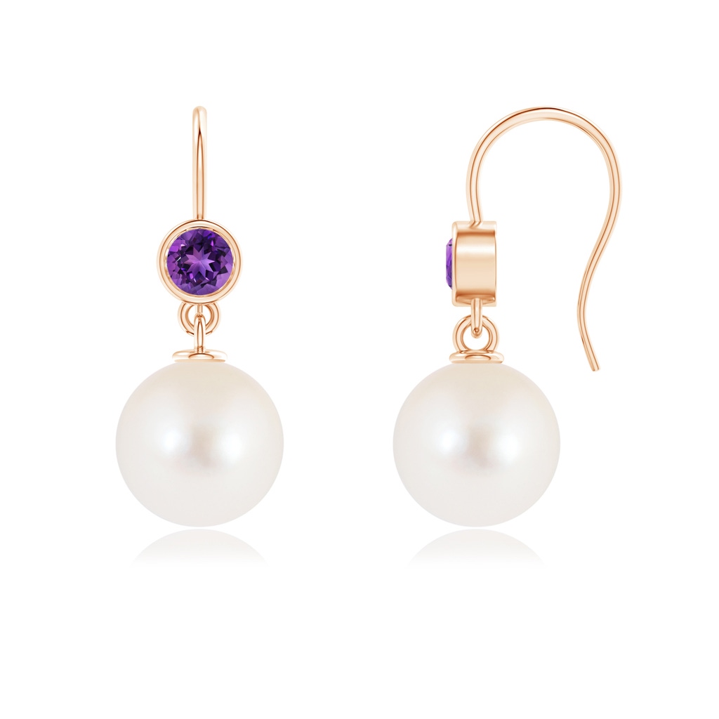 10mm AAAA Freshwater Pearl Earrings with Bezel Amethyst in Rose Gold