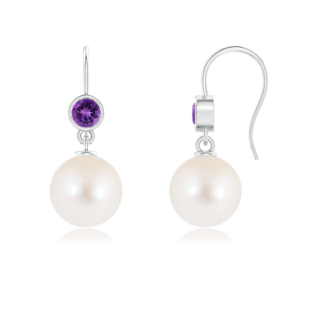 10mm AAAA Freshwater Pearl Earrings with Bezel Amethyst in S999 Silver