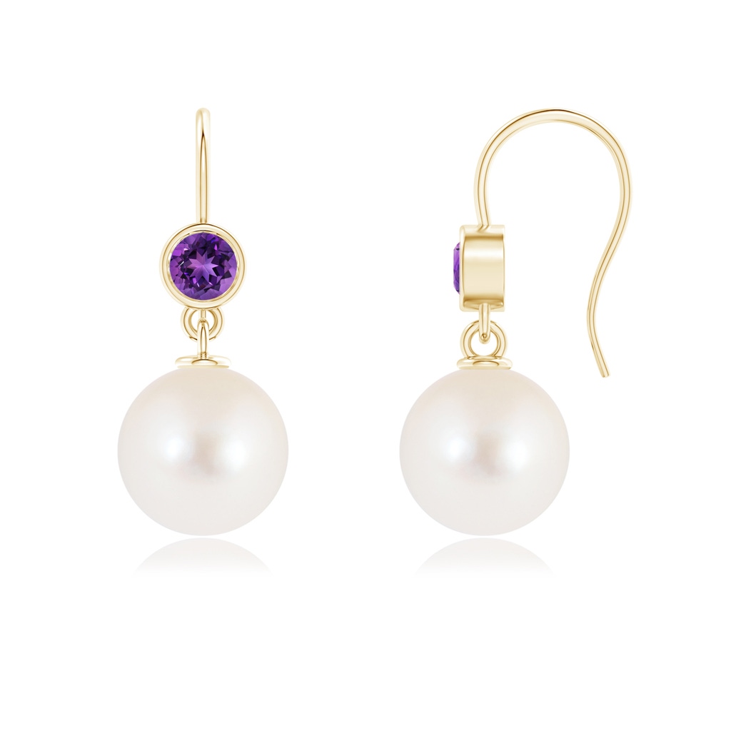 10mm AAAA Freshwater Pearl Earrings with Bezel Amethyst in Yellow Gold