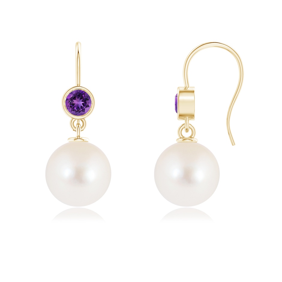 10mm AAAA Freshwater Pearl Earrings with Bezel Amethyst in Yellow Gold 