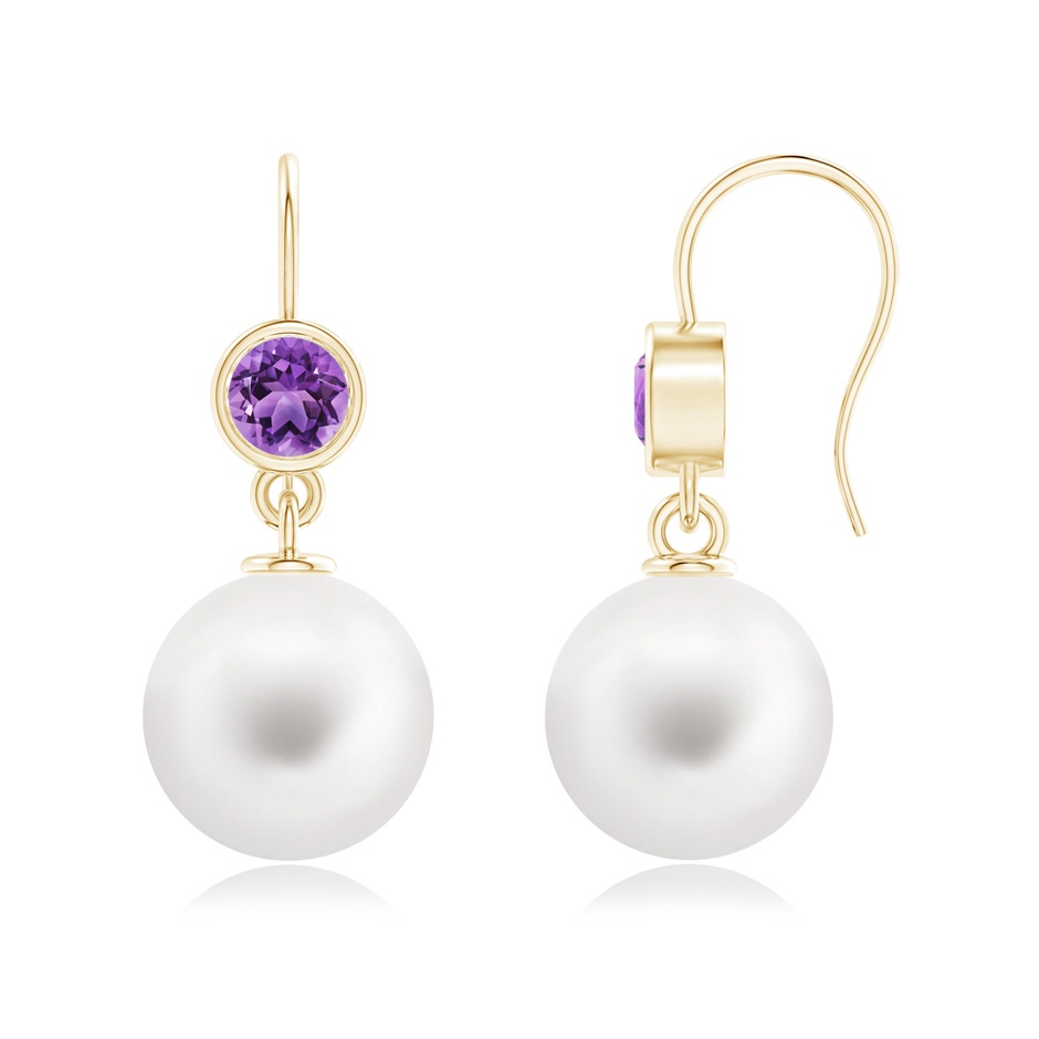 12mm AA Freshwater Pearl Earrings with Bezel Amethyst in Yellow Gold 