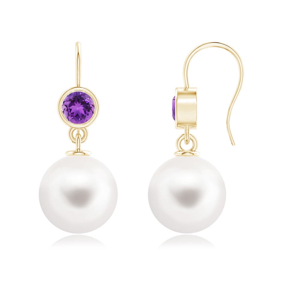 12mm AAA Freshwater Pearl Earrings with Bezel Amethyst in Yellow Gold 