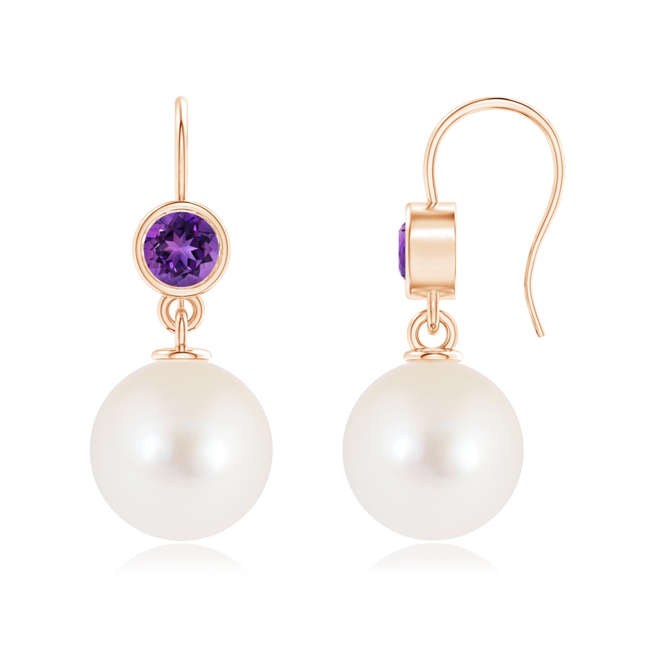 12mm AAAA Freshwater Pearl Earrings with Bezel Amethyst in Rose Gold 