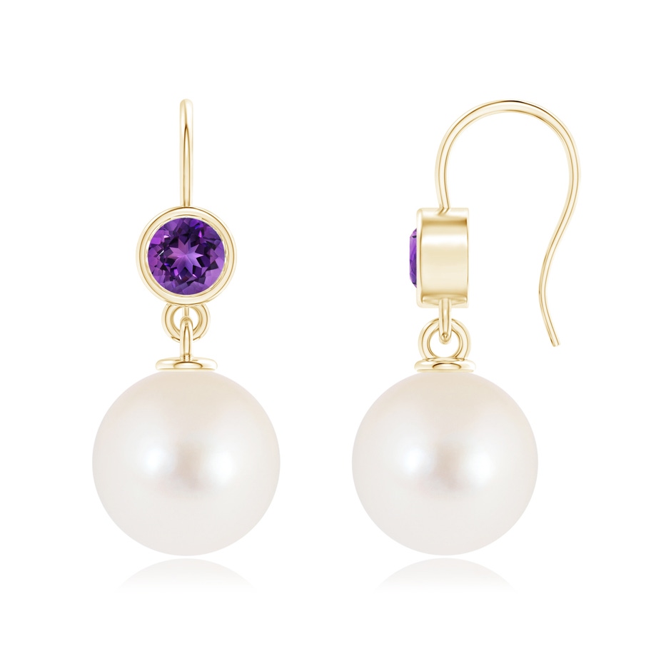 12mm AAAA Freshwater Pearl Earrings with Bezel Amethyst in Yellow Gold 