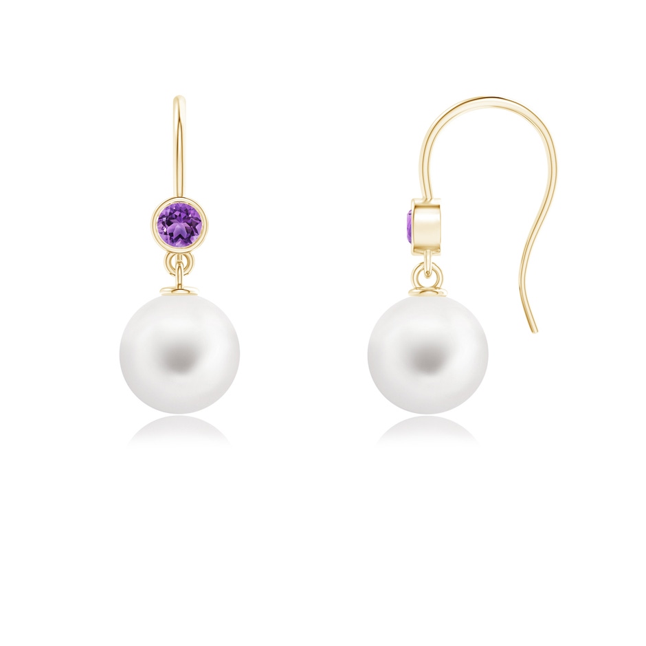 8mm AA Freshwater Pearl Earrings with Bezel Amethyst in Yellow Gold 