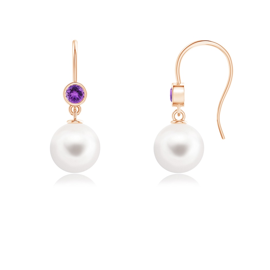 8mm AAA Freshwater Pearl Earrings with Bezel Amethyst in 9K Rose Gold 