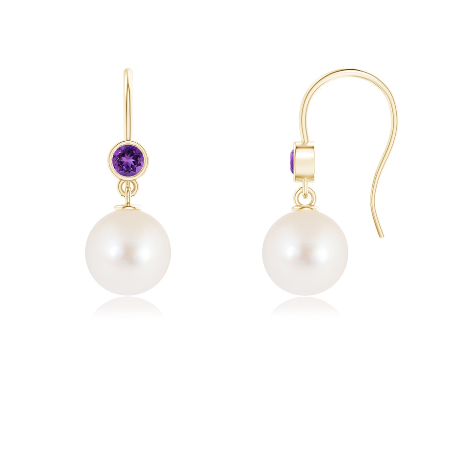 8mm AAAA Freshwater Pearl Earrings with Bezel Amethyst in 9K Yellow Gold 