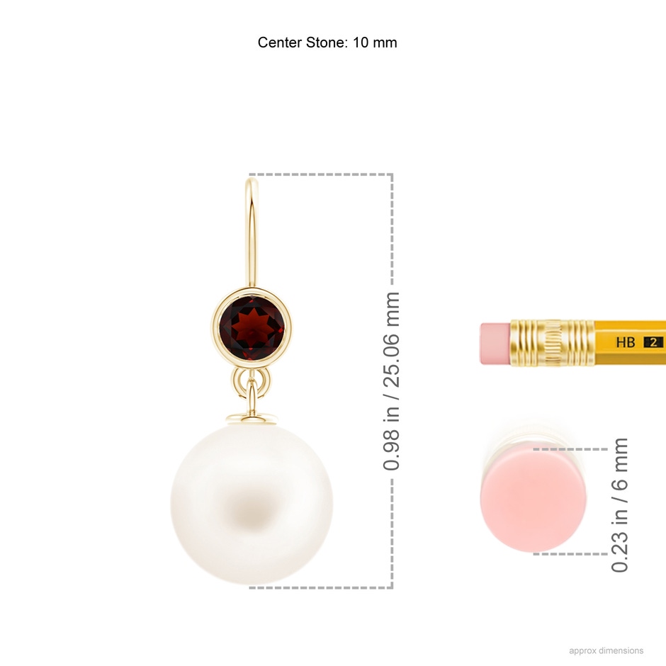 10mm AA Freshwater Pearl Earrings with Bezel Garnet in Yellow Gold ruler