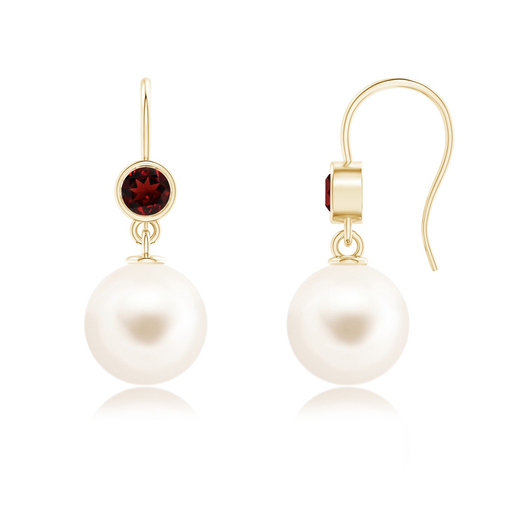 10mm AAA Freshwater Pearl Earrings with Bezel Garnet in 18K Yellow Gold