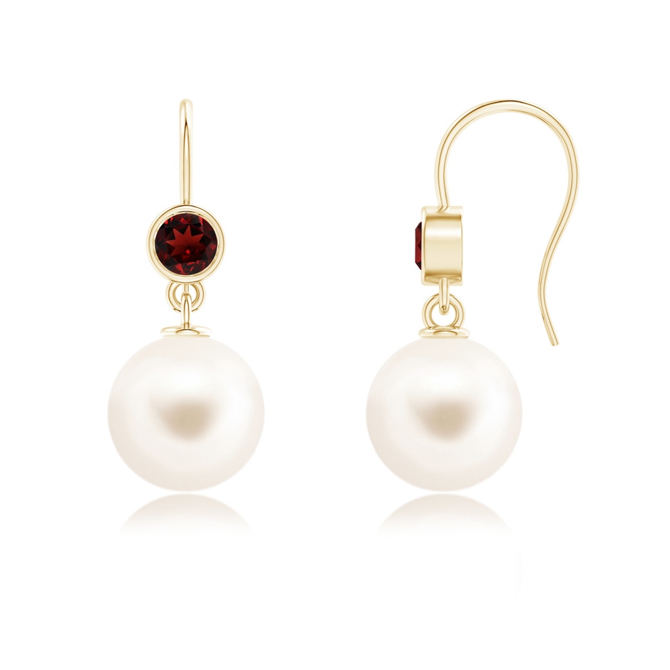 10mm AAA Freshwater Pearl Earrings with Bezel Garnet in 18K Yellow Gold 