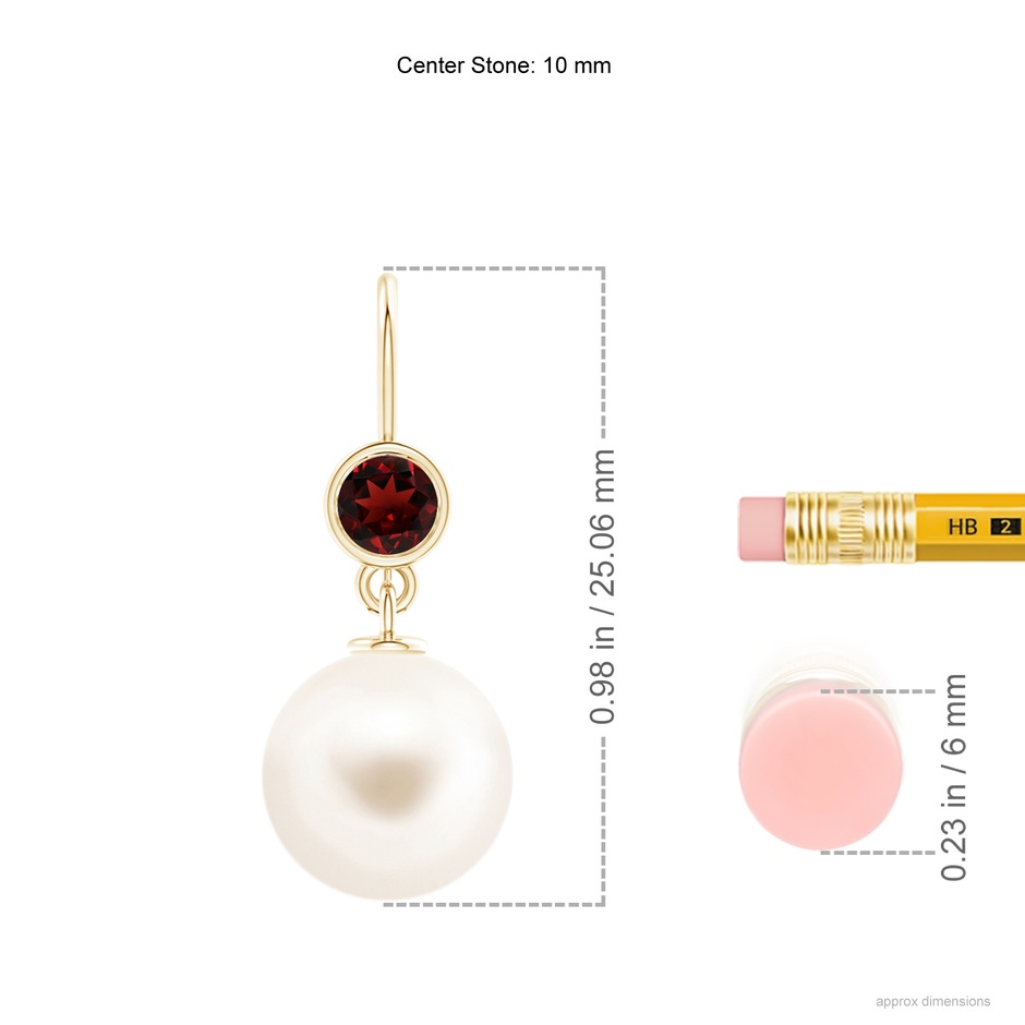 10mm AAA Freshwater Pearl Earrings with Bezel Garnet in 18K Yellow Gold ruler