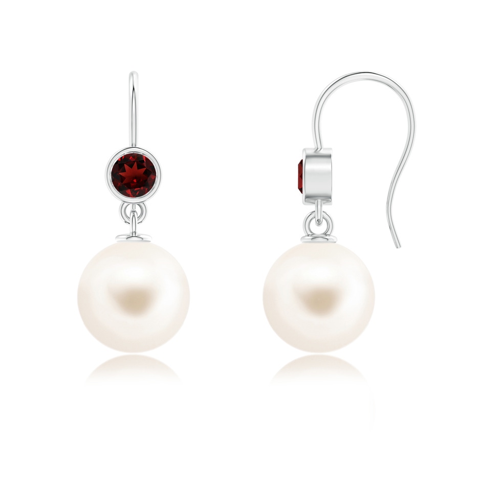 10mm AAA Freshwater Pearl Earrings with Bezel Garnet in White Gold 