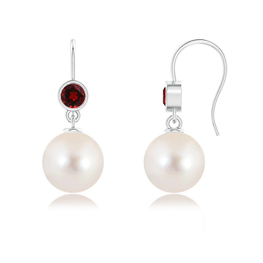 10mm AAAA Freshwater Pearl Earrings with Bezel Garnet in White Gold