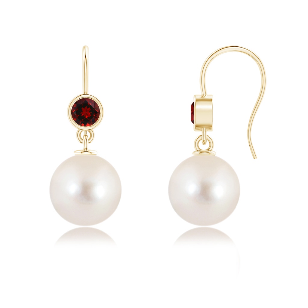 10mm AAAA Freshwater Pearl Earrings with Bezel Garnet in Yellow Gold