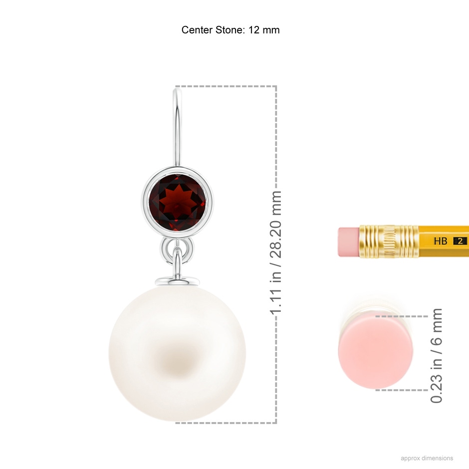 12mm AA Freshwater Pearl Earrings with Bezel Garnet in 18K White Gold ruler