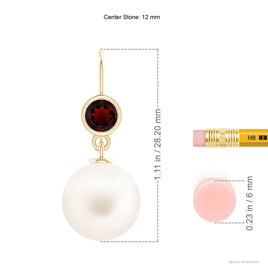 12mm AA Freshwater Pearl Earrings with Bezel Garnet in Yellow Gold ruler