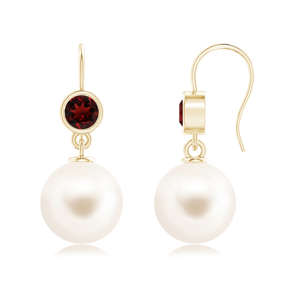 12mm AAA Freshwater Pearl Earrings with Bezel Garnet in Yellow Gold 