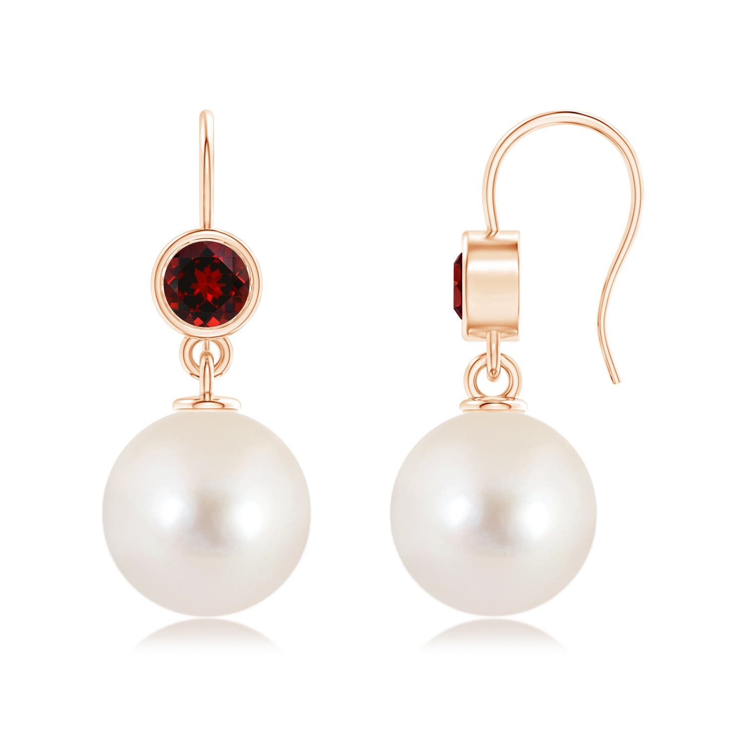 12mm AAAA Freshwater Pearl Earrings with Bezel Garnet in 18CT Rose Gold