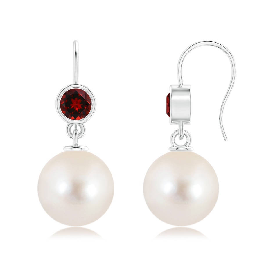 12mm AAAA Freshwater Pearl Earrings with Bezel Garnet in White Gold 