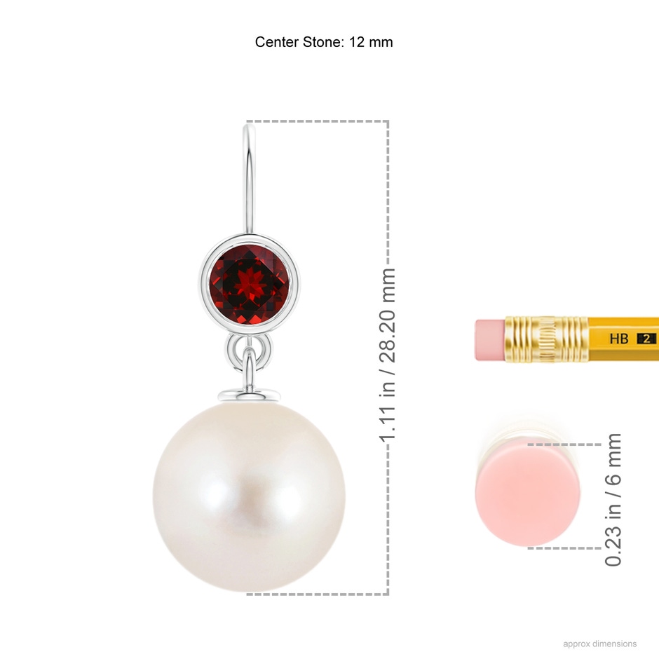 12mm AAAA Freshwater Pearl Earrings with Bezel Garnet in White Gold ruler