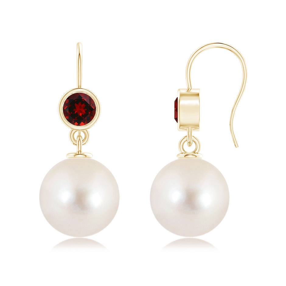 12mm AAAA Freshwater Pearl Earrings with Bezel Garnet in Yellow Gold 
