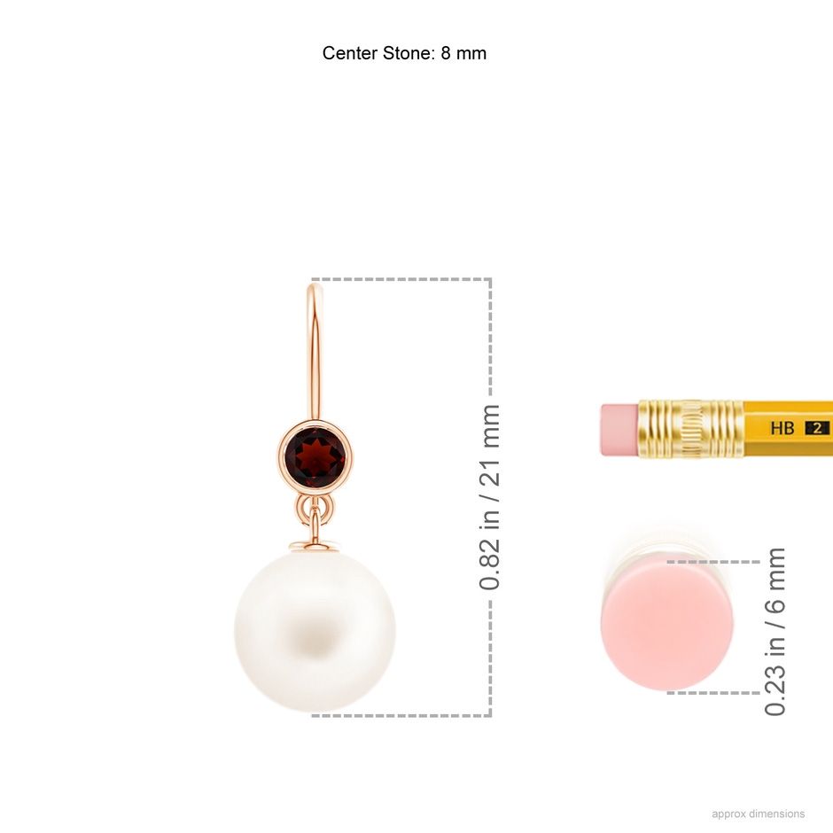8mm AA Freshwater Pearl Earrings with Bezel Garnet in Rose Gold ruler