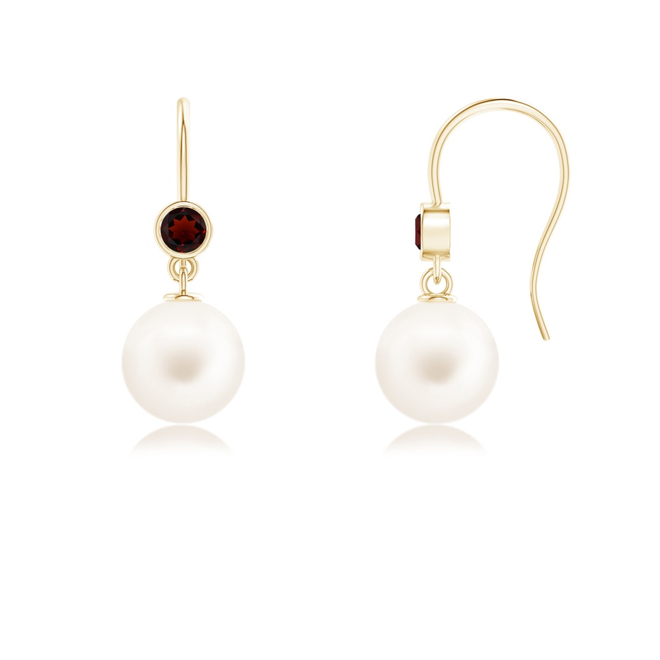 8mm AA Freshwater Pearl Earrings with Bezel Garnet in Yellow Gold 