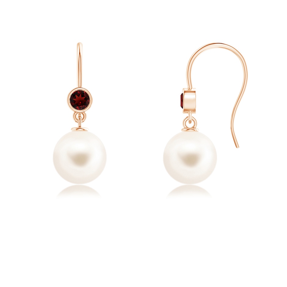 8mm AAA Freshwater Pearl Earrings with Bezel Garnet in 9K Rose Gold 